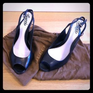 Gucci Black Vitello Vernice Leather Sling Backs